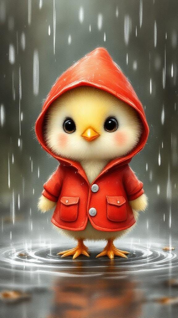 Adorable Chick in Red Raincoat, Watercolor Illustration