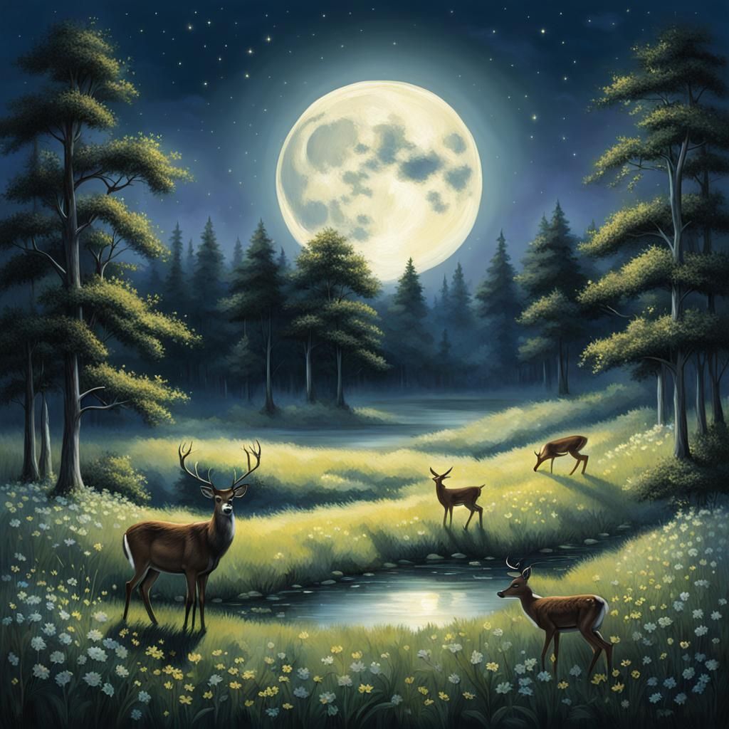 Moonlit Meadow with Grazing Deer