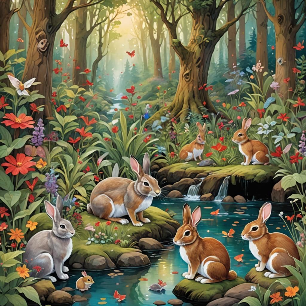 Enchanted Forest Scene with Rabbits in Whimsical Style