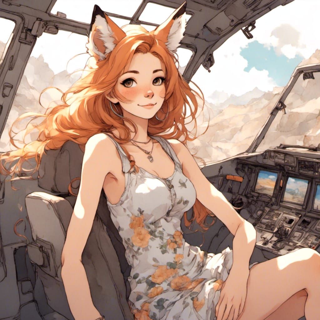 Fox-girl VIXEN wearing a sleeveless sundress, sitting in  the cockpit of an airplane.
