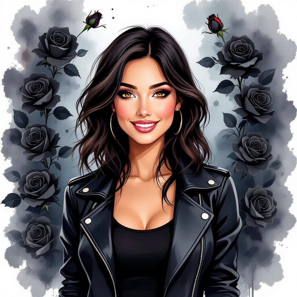 Black Haired Woman Smiles in Sea of Black Roses