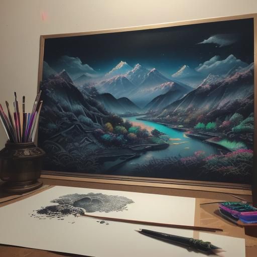Detailed Asian Landscape in Shadow Ink Illustration