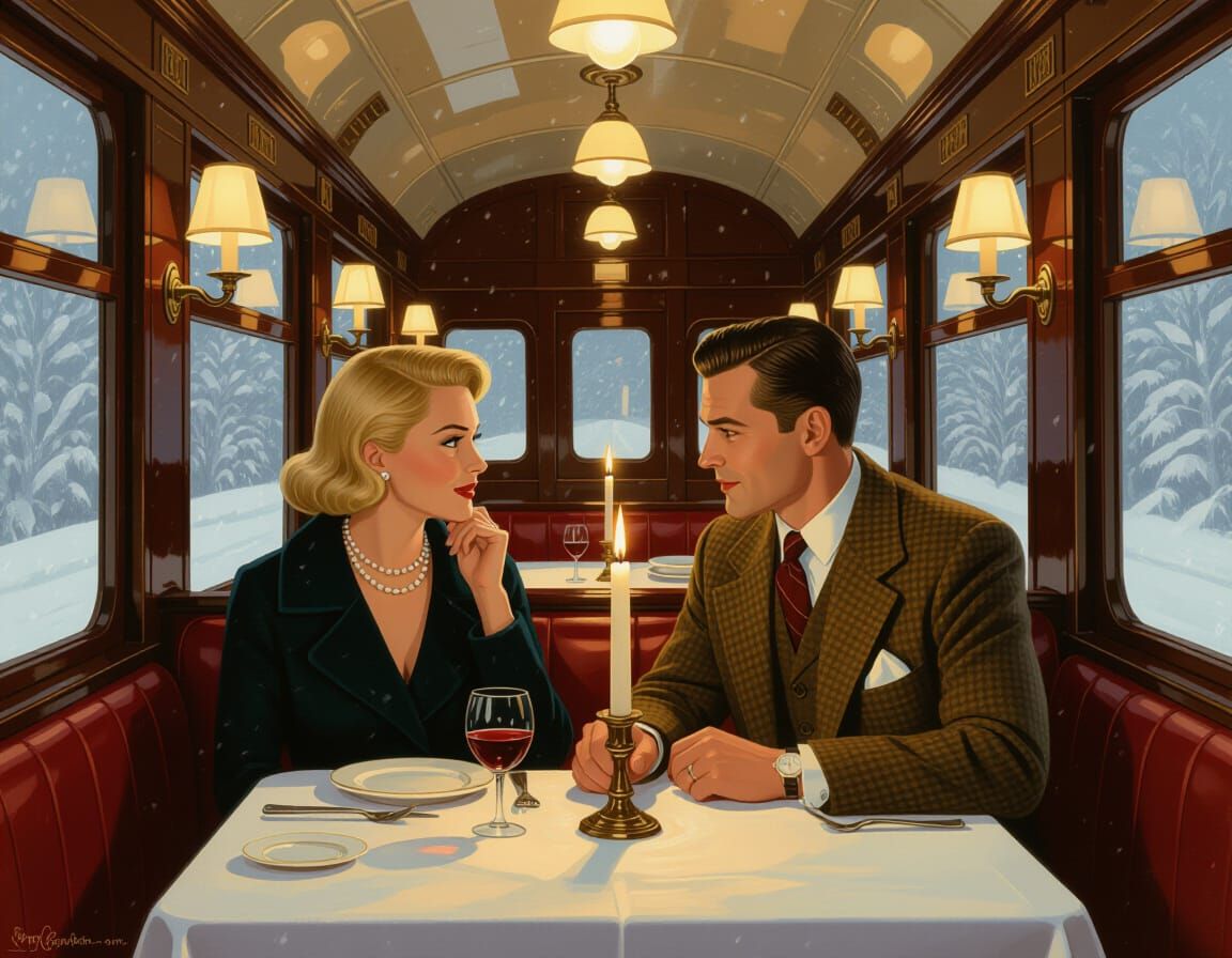 Cozy Train Dining Car in Blizzard, Cinematic Style