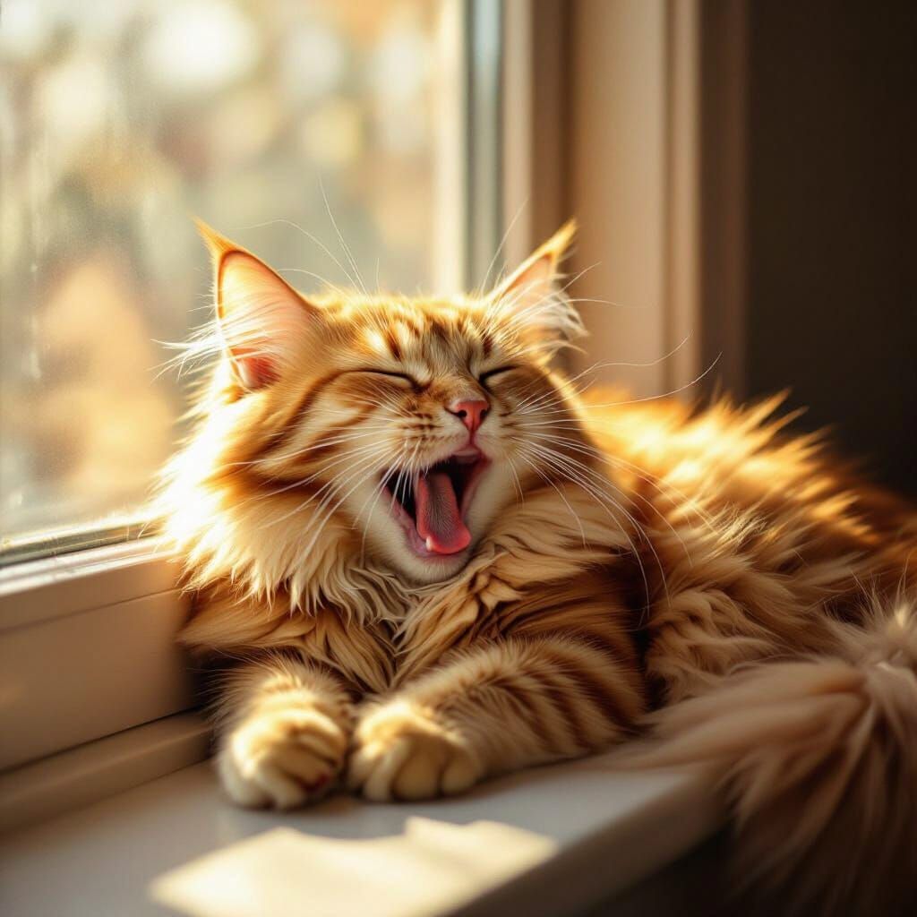 Fluffy Ginger Cat Sleeping Peacefully on Sunlit Windowsill