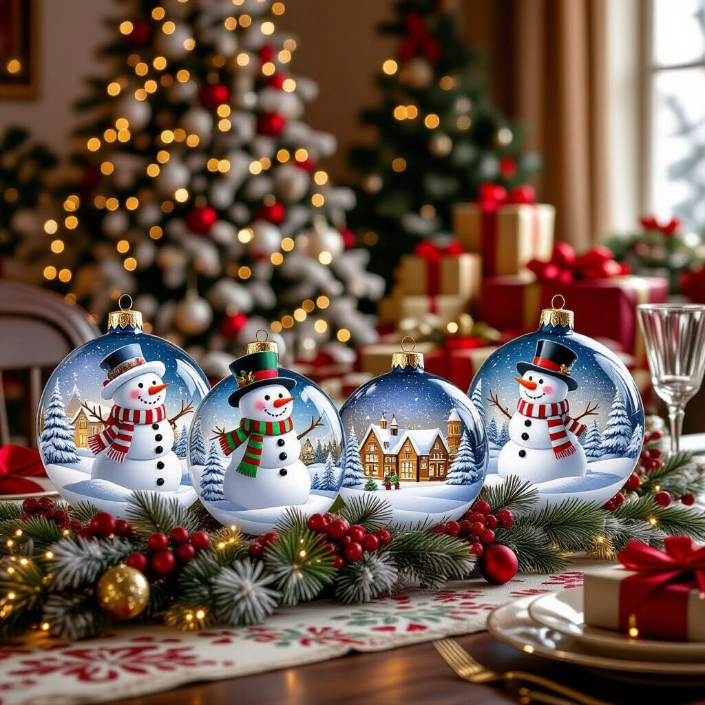Four Crystal Christmas Baubles with Snowman Scenes