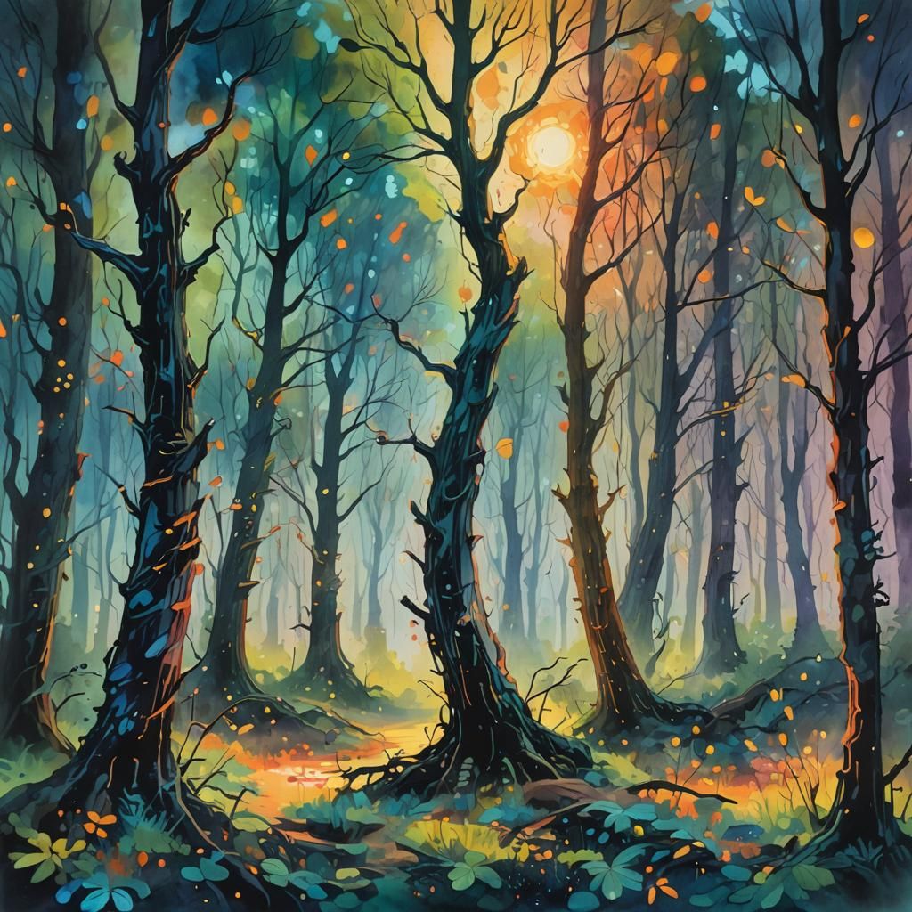 Impressionist Forest with Fireflies as Gouache Painting