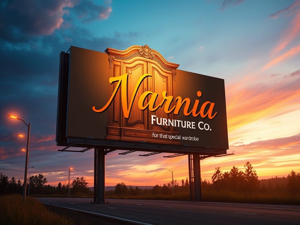 Roadside billboard saying 'Narnia Furniture Co - for that special wardrobe ' and with a picture of a wardrobe