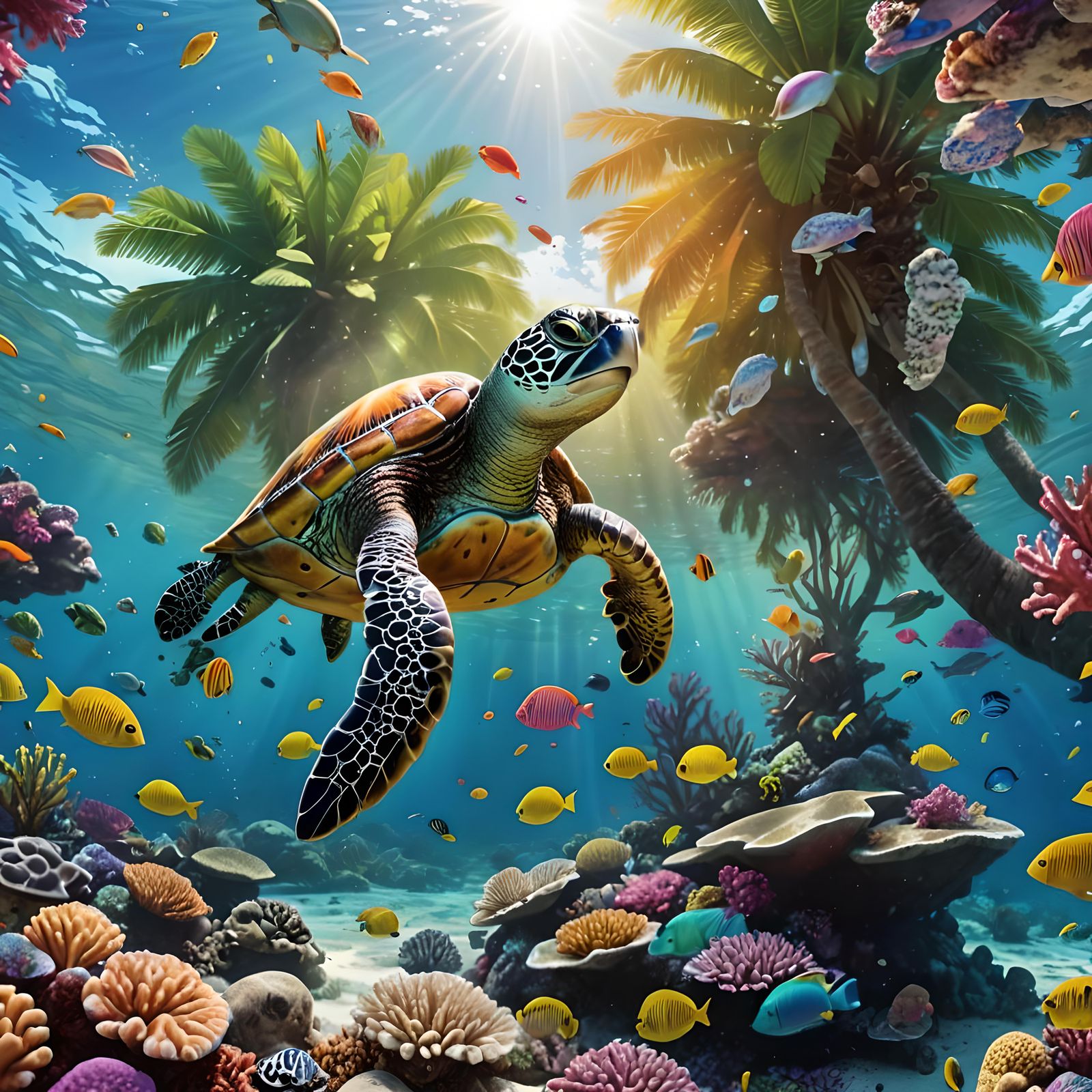Caribbean Sea Turtle in a Colorful Reef