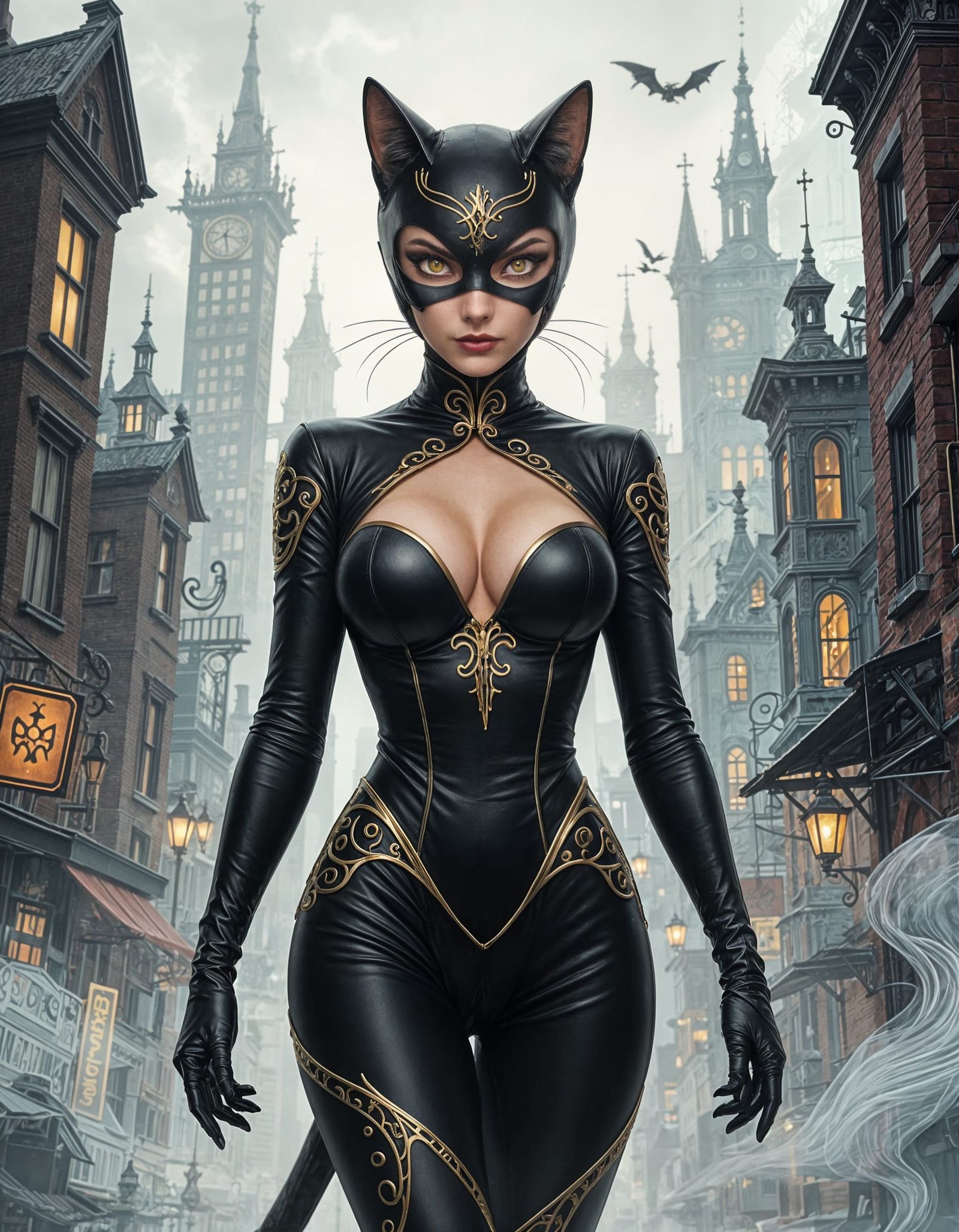 Cat Woman Prowls Tim Burton Cityscape in Leather Catsuit