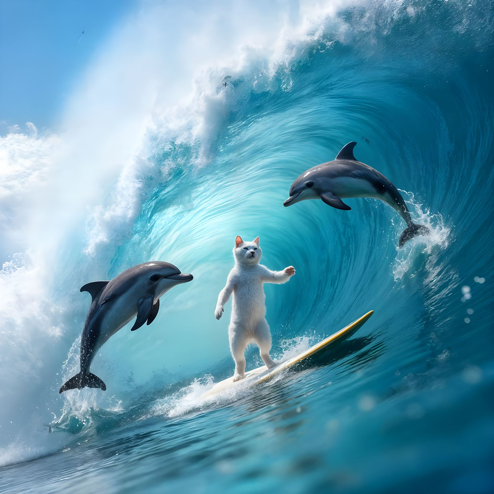Surfer Cat Rides Giant Wave with Dolphins