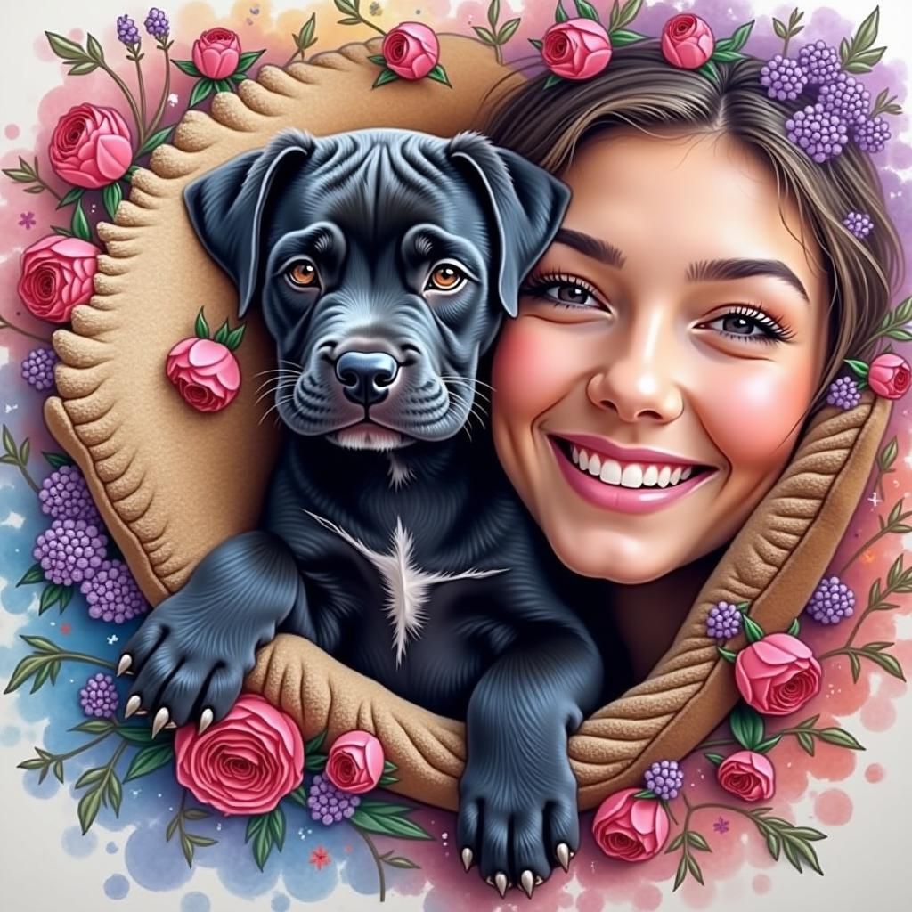 Pitbull Puppy with Woman in Double Exposure Art