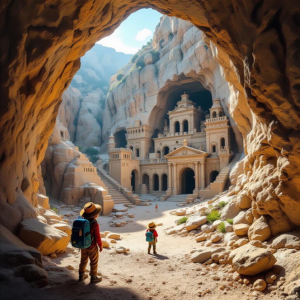 Ancient Lost Cave City Entrance with Tiny Explorer