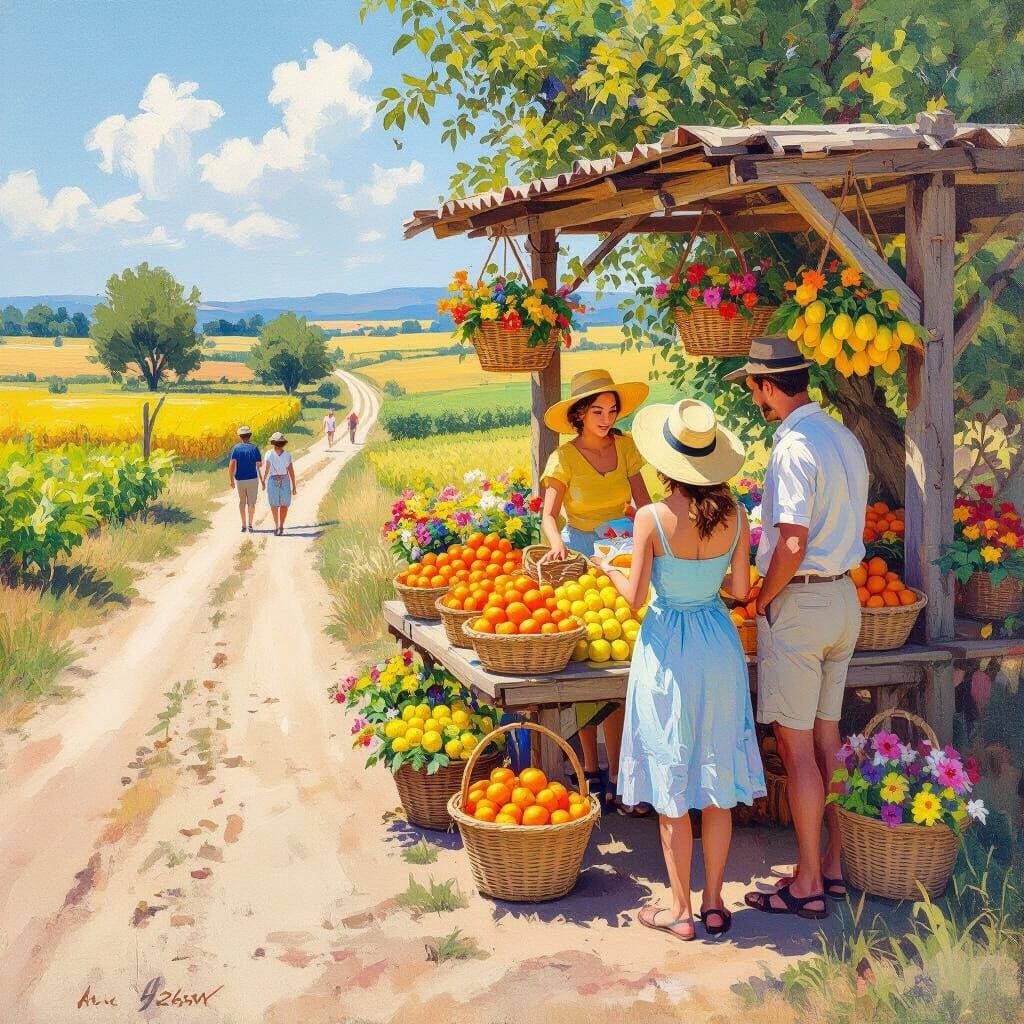 Sunny Country Road Fruit Stall Scene in Impressionistic Styl...