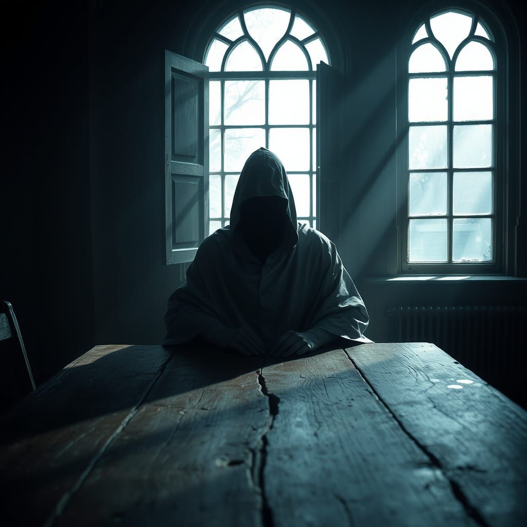 Mysterious Figure in Dimly Lit Chamber