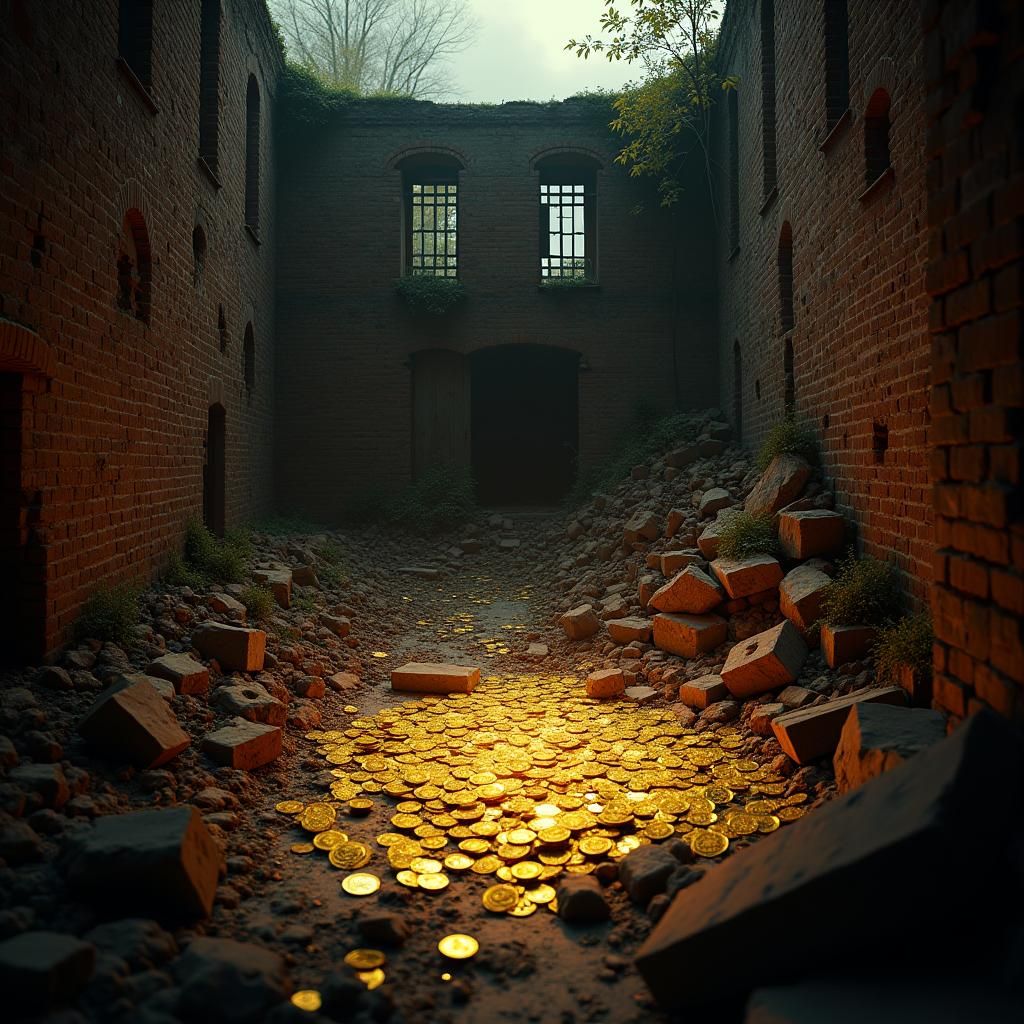 Ruined Brick House with Gold Coins, Cinematic Style