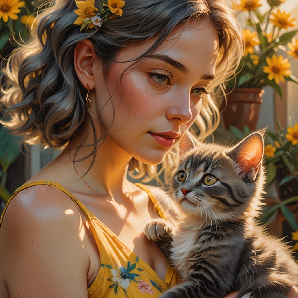 Woman in Yellow Dress Pets Gray Kitten in Golden Hour Light
