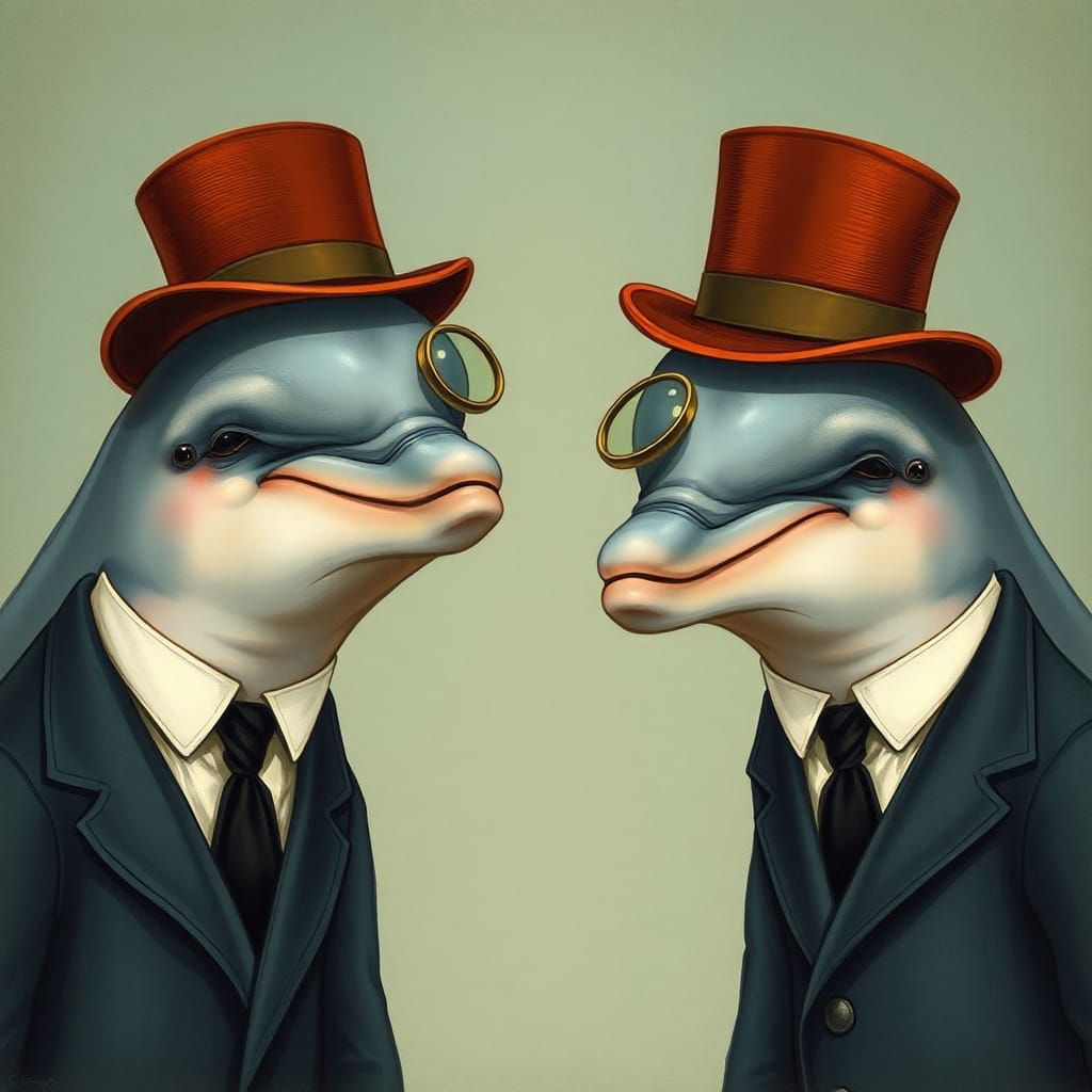 Dolphins in Aristocratic Attire: A Whimsical Art Nouveau Sce...
