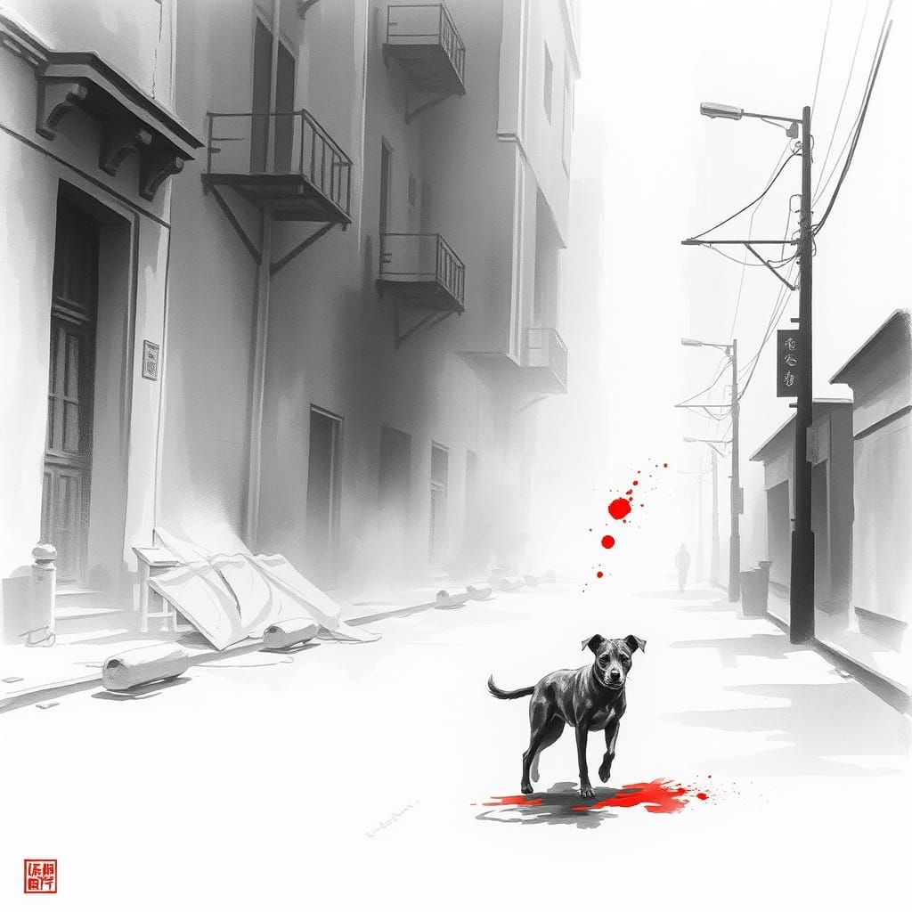 Melancholy Stray Dog in Windswept City Street