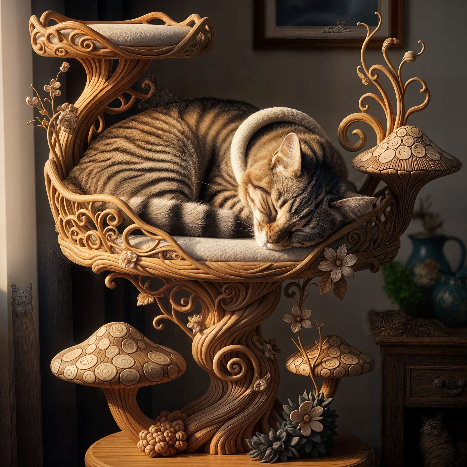 Wooden Cat Sleeping on Ornate Cat Tree