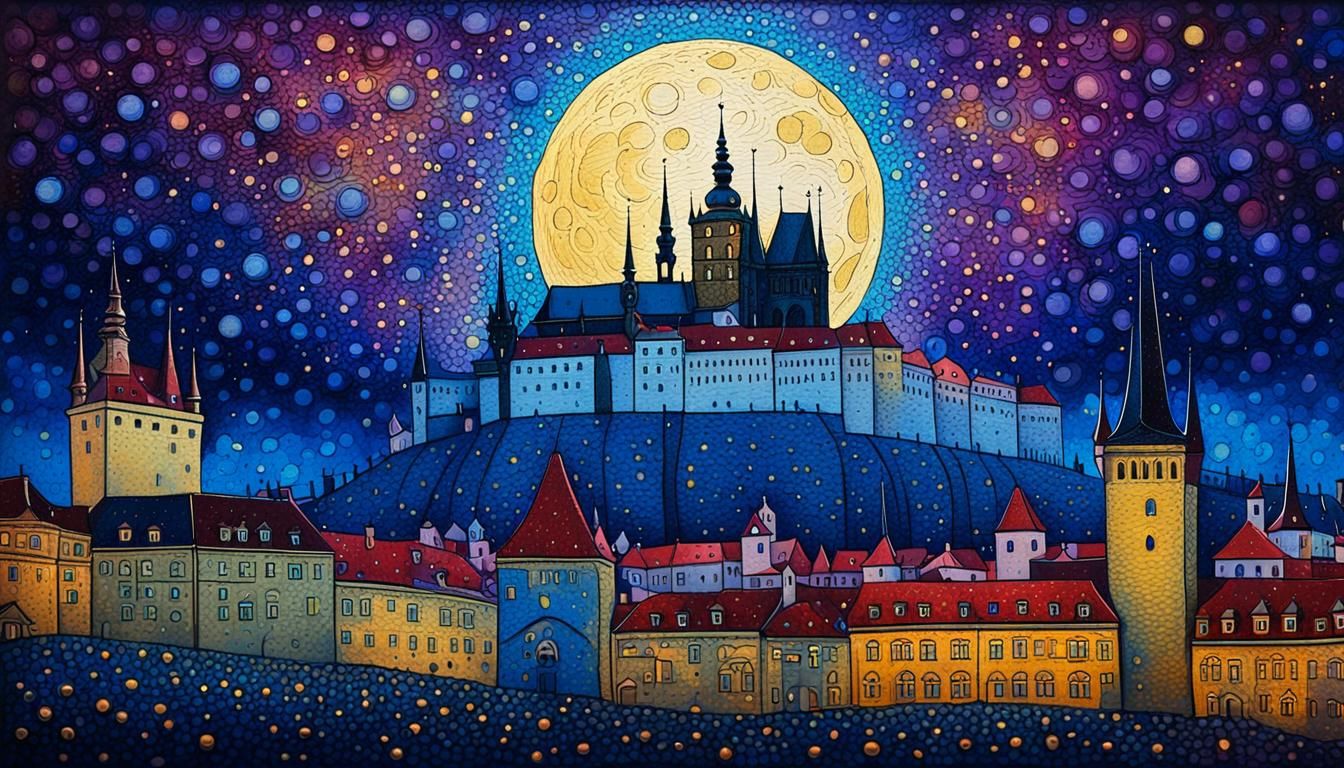 Prague Castle Under Moonlight: Pointillist Abstract Art