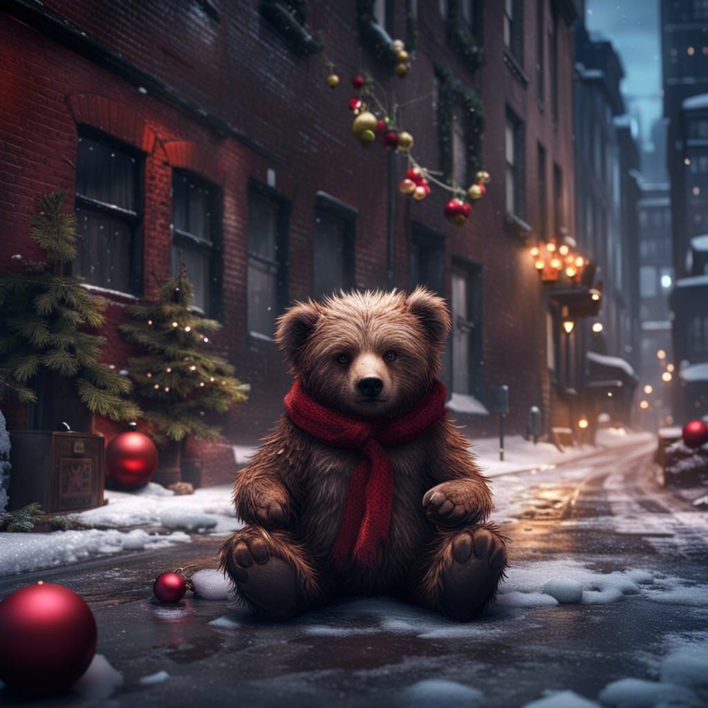 Lonely Christmas Bear in New York Alley