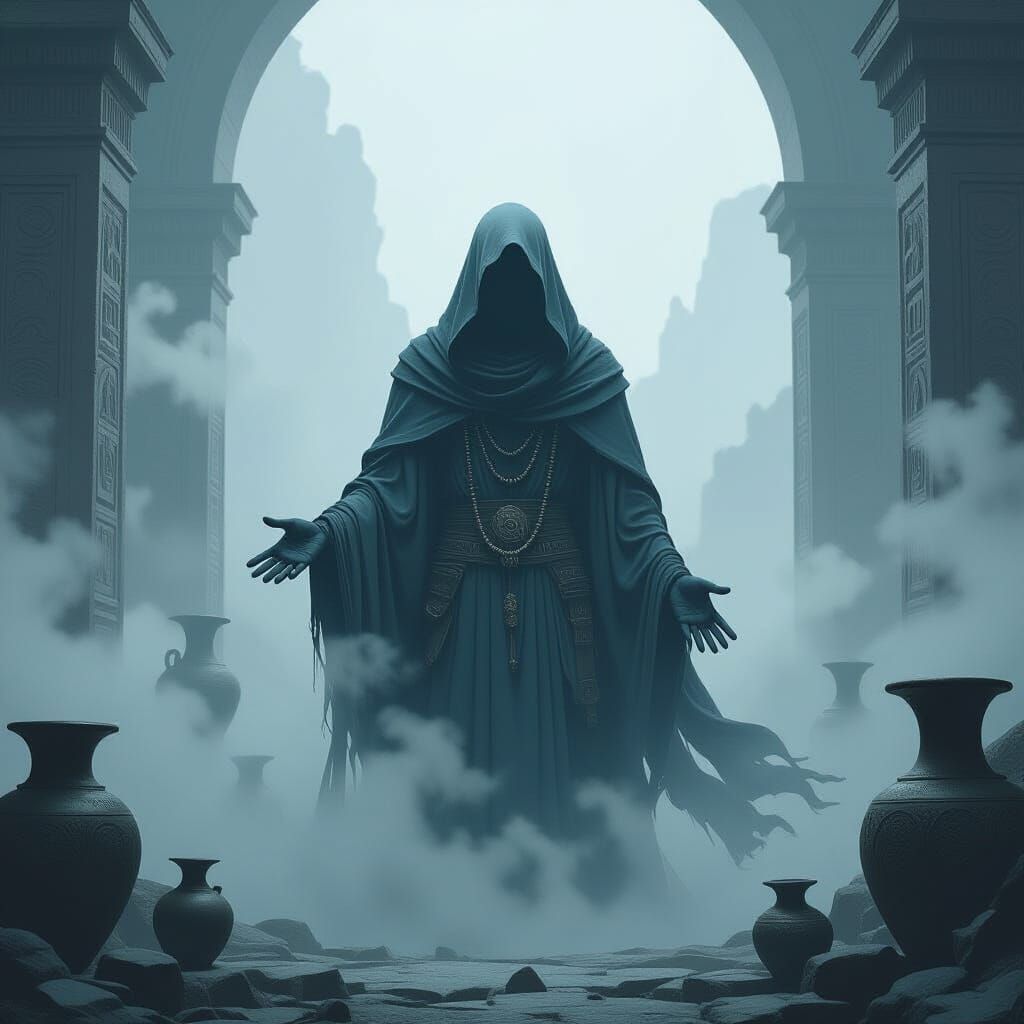 Mystical Figure in Mist with Ancient Artifacts