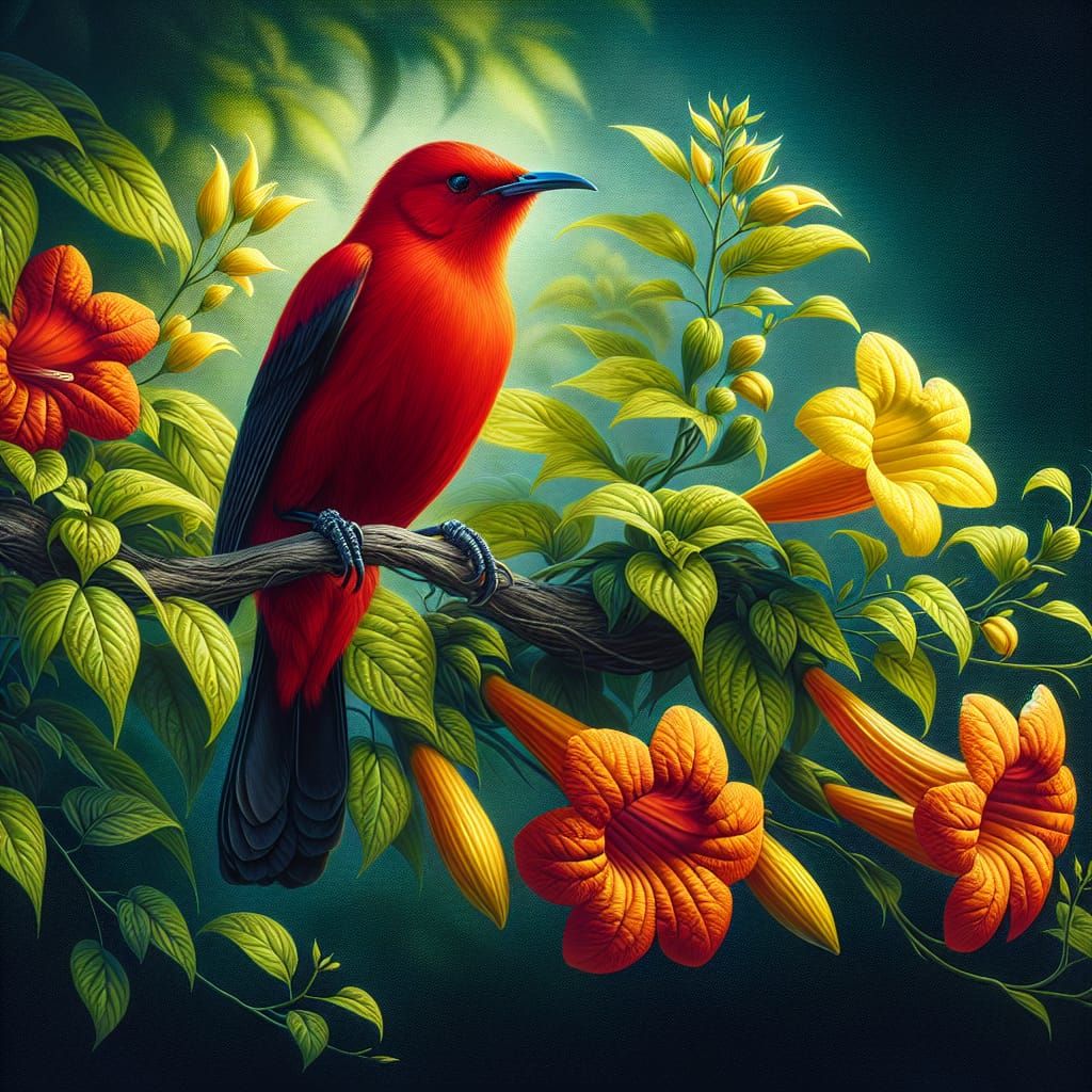 Vibrant Hawaiian Scarlet Honeycreeper Amidst Tropical Paradi...