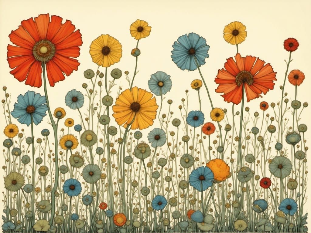 Vibrant Spring Scene in Whimsical Linocut Style