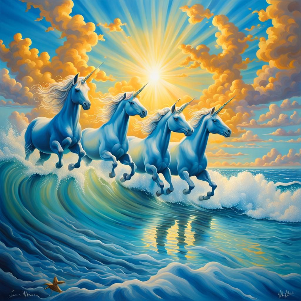 Unicorns Playing in Ocean: Detailed Pop Art Painting