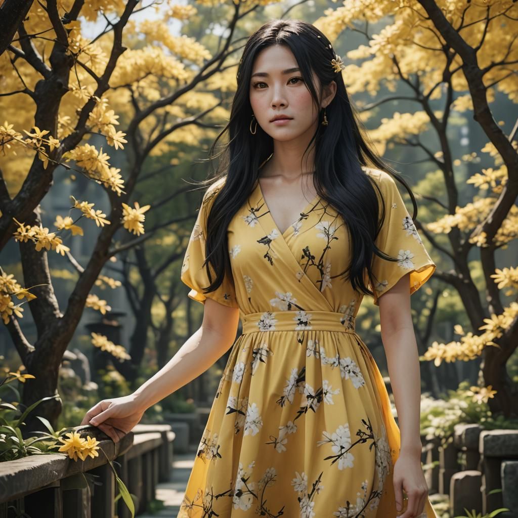 Beautiful Japanese Woman in Yellow Dress