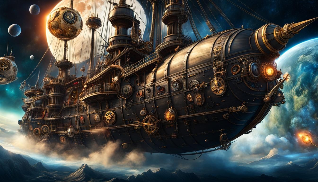 Steampunk Space Pirates Attack from Zeppelin