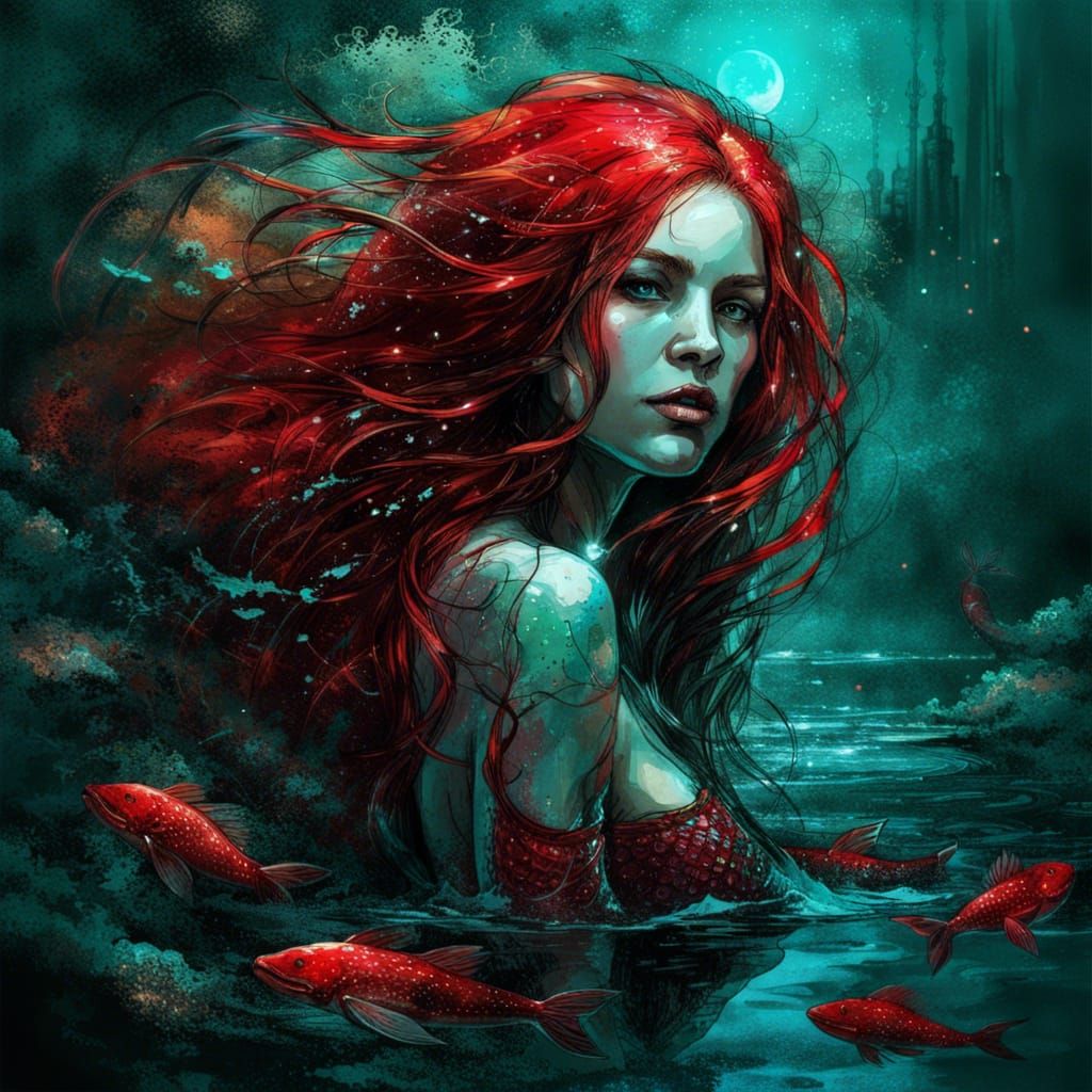 Enchanted Mermaid in Turquoise Lake: Dark Fantasy Art