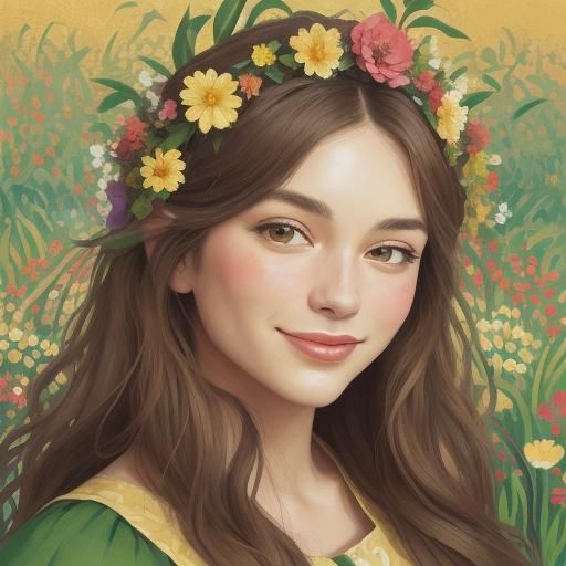 Joyful Folk Art Portrait of a Girl in a Flower Crown