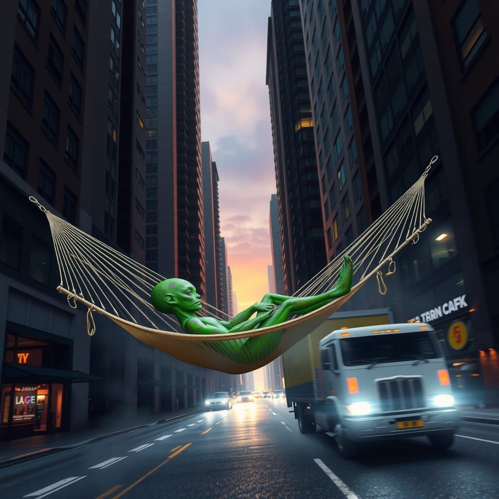 Alien in Hammock Above City at Dusk