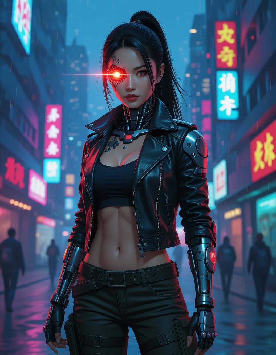 Cyborg Asian Woman in Neon City Comic Art Style