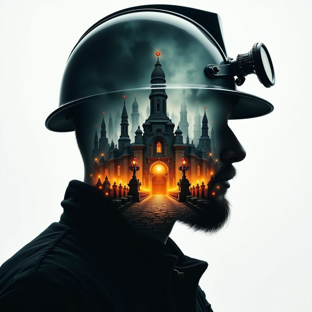 Miner Silhouette in a Dungeon Panorama