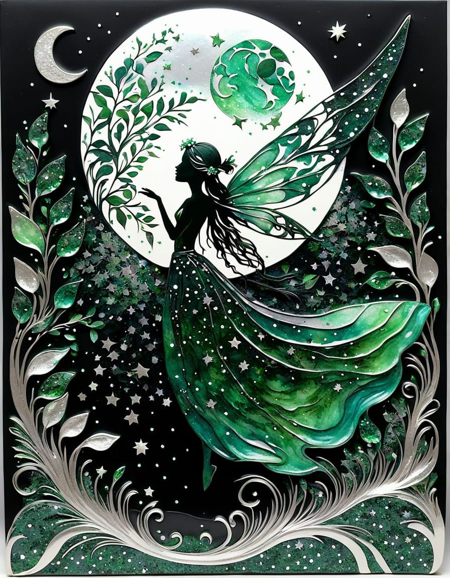 Surreal Emerald Fairy Under Glittering Moonlight