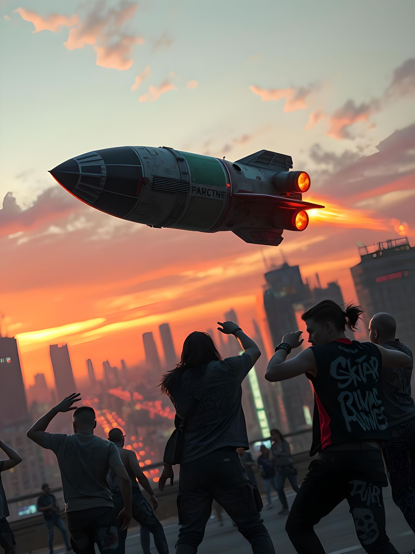 Retro Spaceship Rocket Hovers Over Gang Fight
