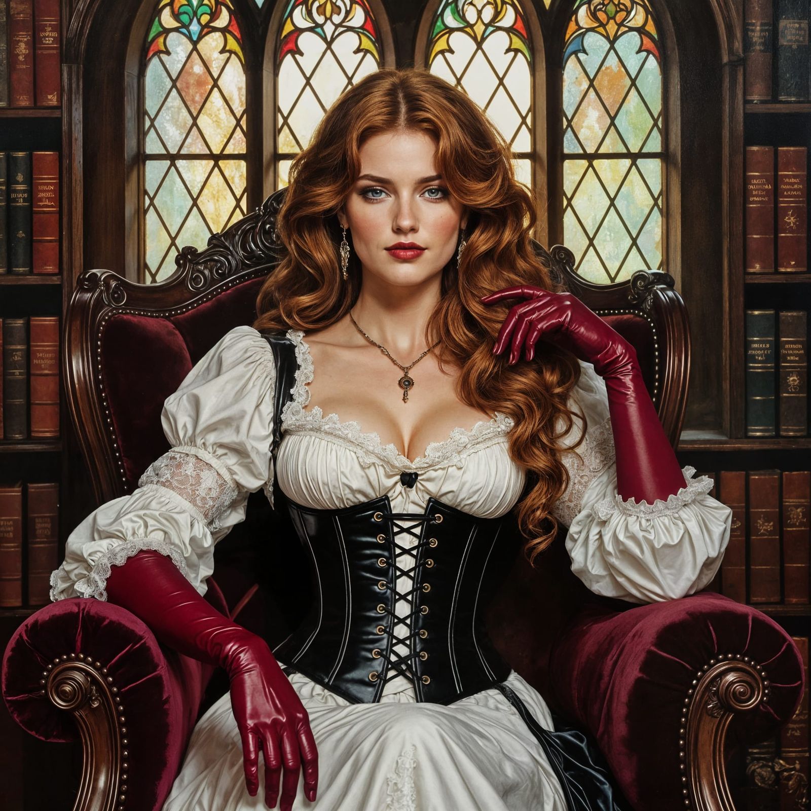 Elegant Woman in Victorian Library, Pre-Raphaelite Style