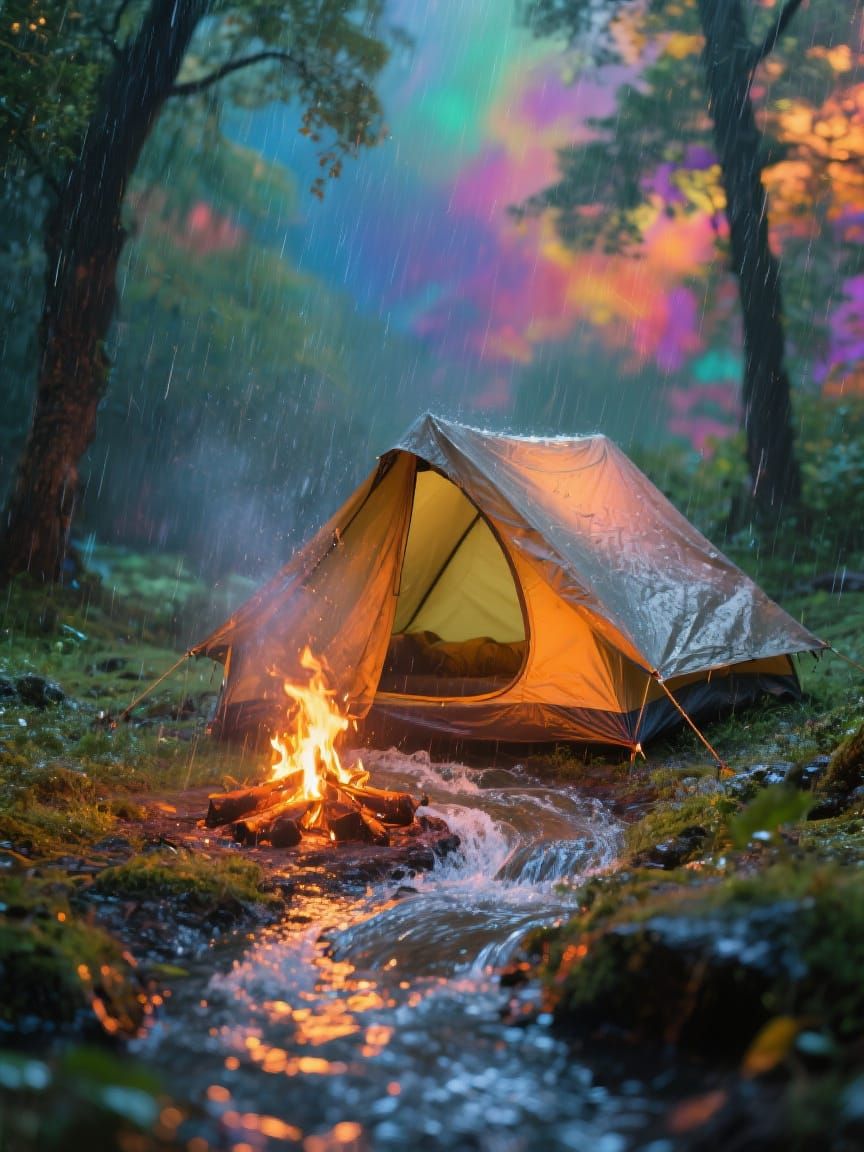 Hyperrealistic Pup Tent Scene in Torrential Rain