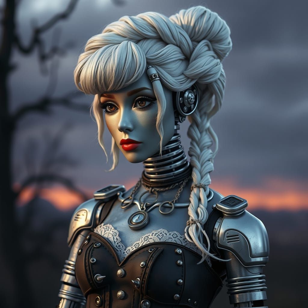 Steampunk Automaton with Victorian Wig in Dark Fantasy