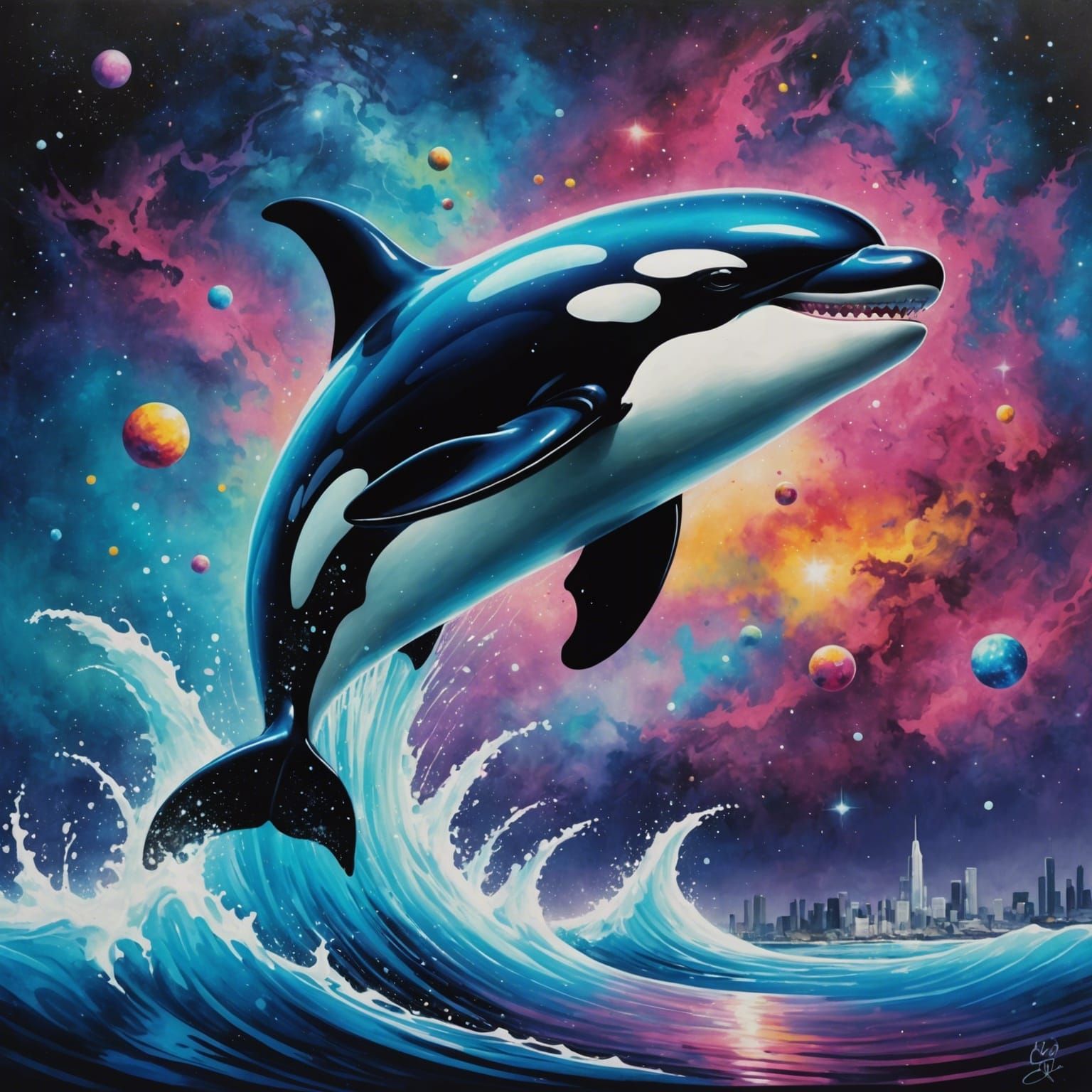 Killer Whale Soaring Through Galaxy in Graffiti Art