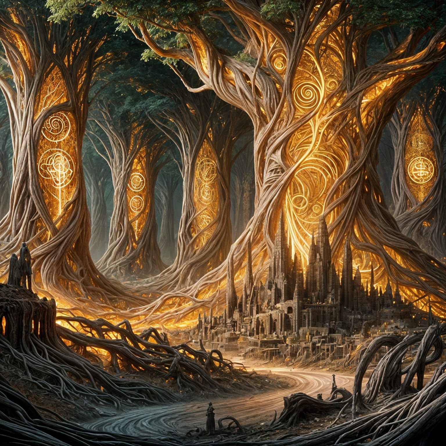 Ancient Forest City Arches with Pulsating Golden Veins