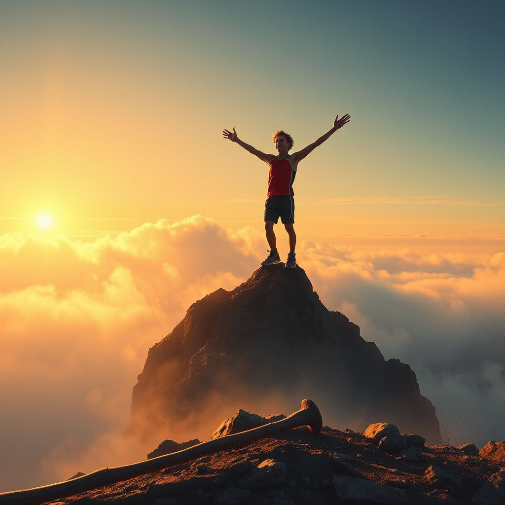 Athlete's Triumph: Dawn on the Mountain Peak