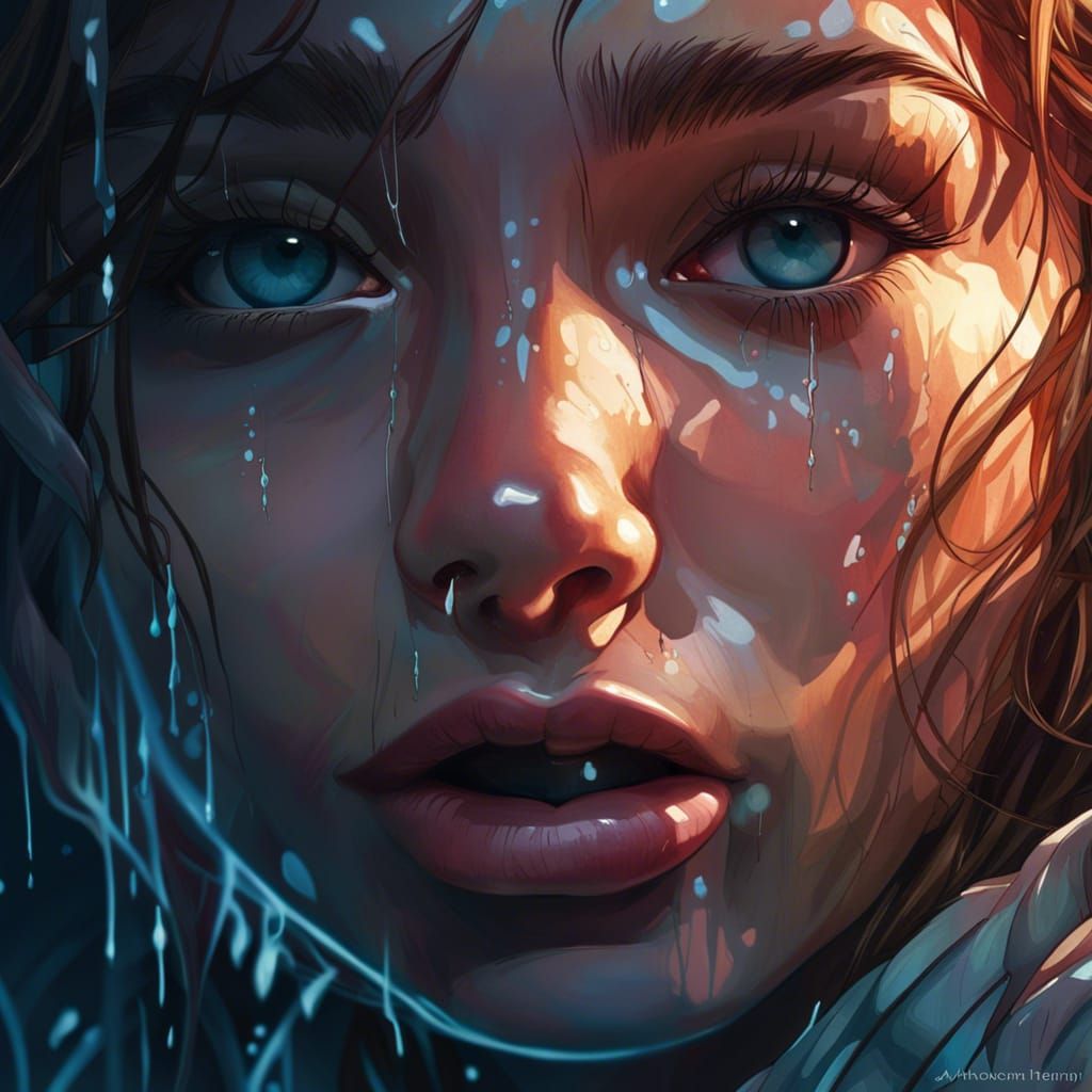 Emotional Portrait of a Girl with Tears in Digital Art