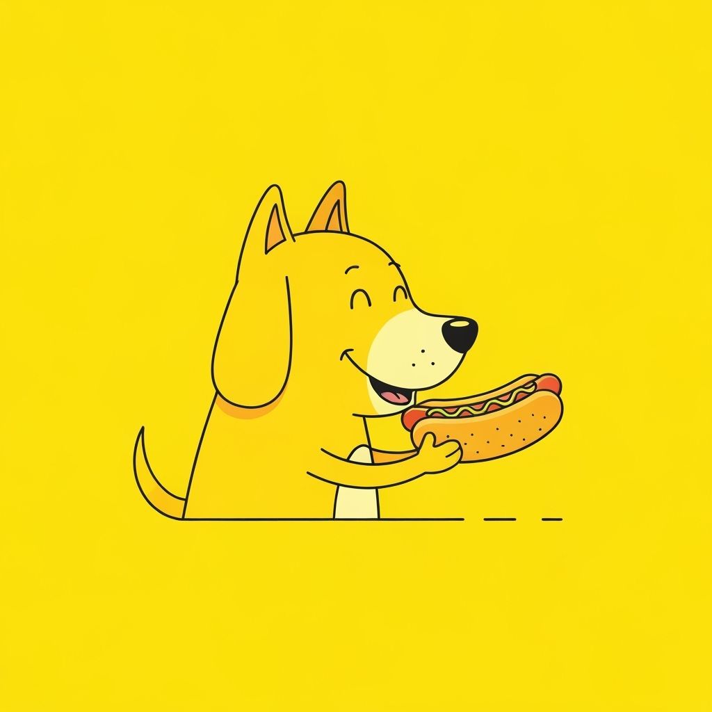 Yellow Cartoon Dog Eating a Hot Dog in Pop Art Style