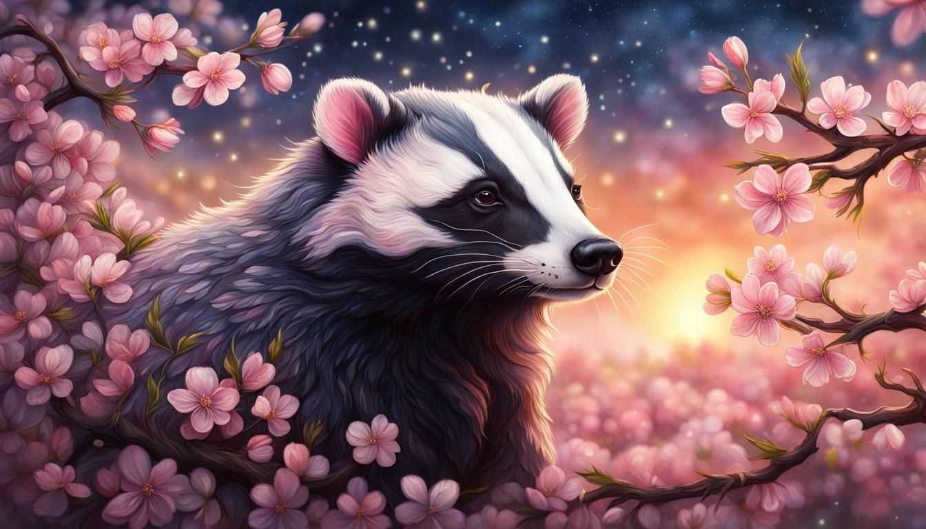 Ornate Cherry Blossom Badger in Fantasy Flower Field