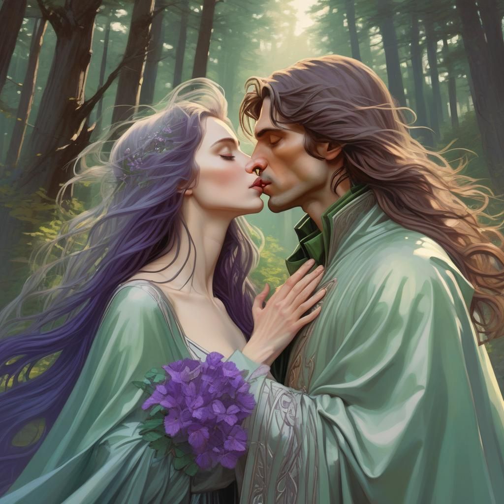 Lovers Kissing Portrait in Art Nouveau Style