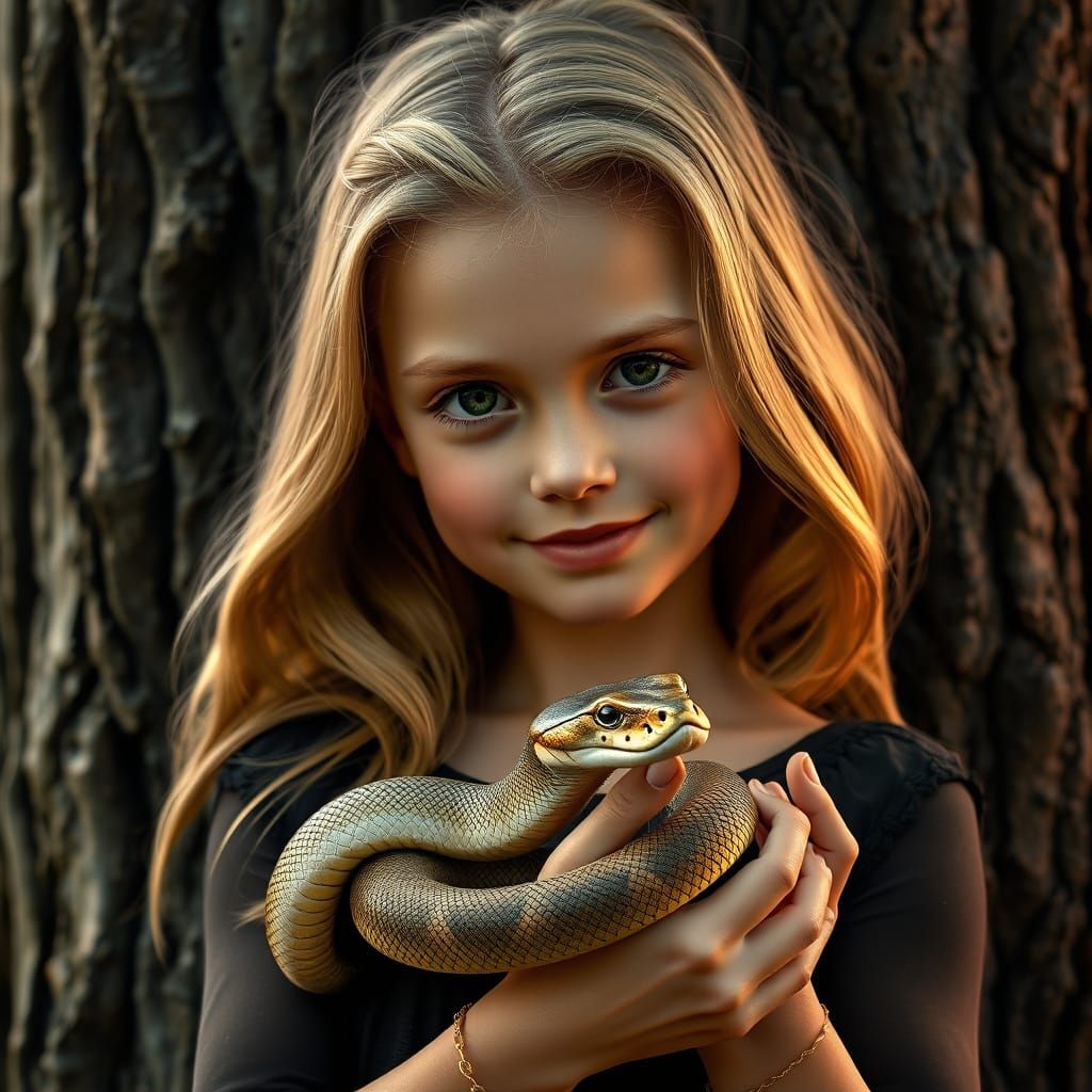 Ethereal Goddess Cradles Serpent Amidst Tree Bark