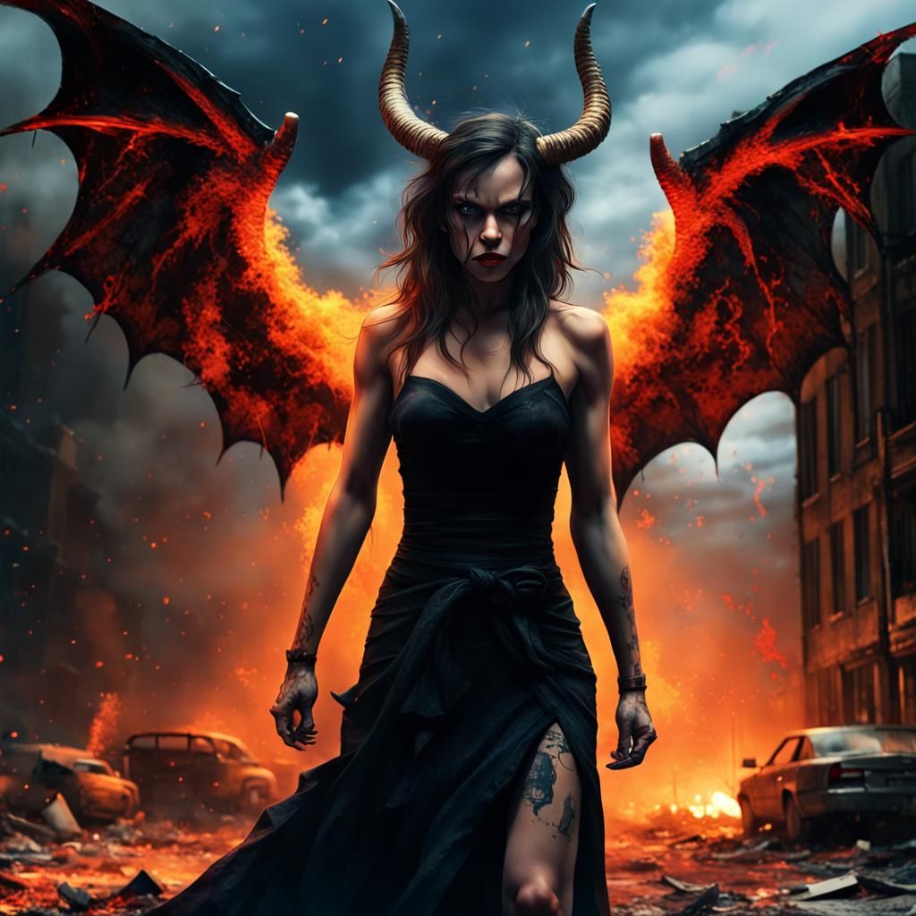 Angry Devil in Apocalyptic Cityscape